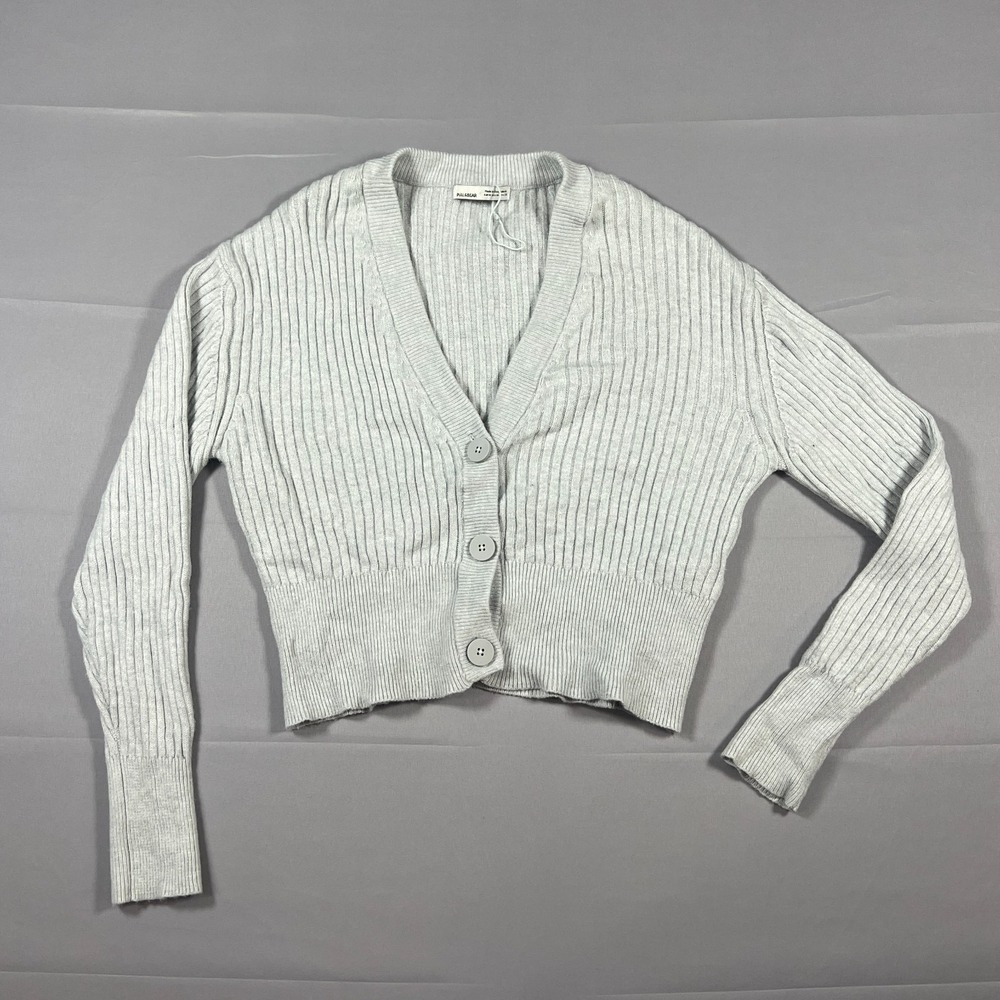 Pull & Bear Crop Cardigan Sweater Womens Medium Pastel Blue Button Front V Neck